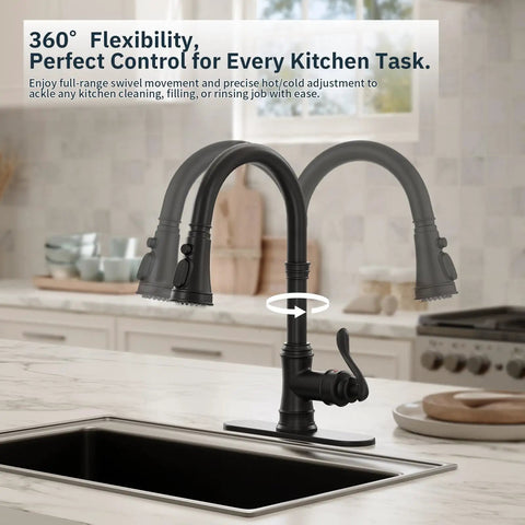 Solid Brass Kitchen Faucet With Pull Down Sprayer High Arc Single Handle with 360° rotation in farmhouse kitchen setting