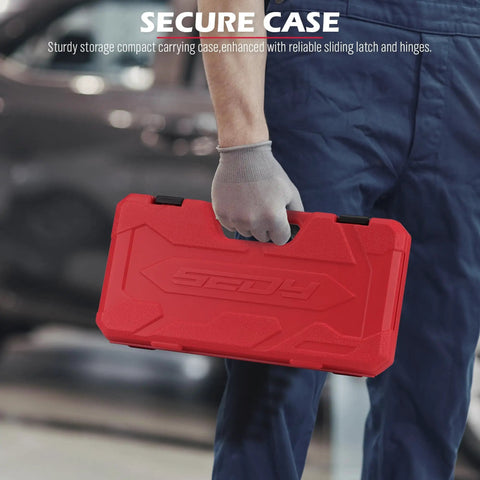 Impact Socket Set With 36 Piece Hex Bit Kit For Quarter Inch, Three Eighths Inch And Half Inch Drives in red storage case