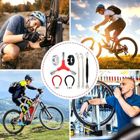 No Sweat Road Warrior Bike Repair Kit Featuring Five Universal Spoke Wrenches Two Heavy Duty Tire Levers And One Y Shaped Socket Adapter laid out with cyclists repairing bikes.