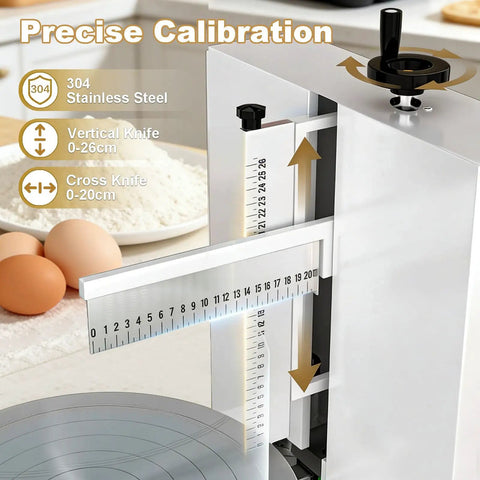 Commercial Cake Icing Machine With Smart LCD Panel, 36cm Turntable, showing calibration details and scrapers.
