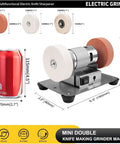 Three-Wheel Mini Bench Grinder With Versatile Wheels For Metal, Wood, Knife Making, Jewelry Buffing And Stone Work - Compact 6.3 X 3.5 Inch Base, Portable, All-Purpose Grinding Machine For Go-To Home Hobbyists alongside a soda can for scale.
