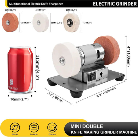 Three-Wheel Mini Bench Grinder With Versatile Wheels For Metal, Wood, Knife Making, Jewelry Buffing And Stone Work - Compact 6.3 X 3.5 Inch Base, Portable, All-Purpose Grinding Machine For Go-To Home Hobbyists alongside a soda can for scale.