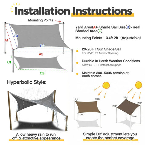 Installation instructions for 20 By 26 Feet Rectangle Sun Shade Sail For Patio Outdoor Cover 185 GSM HDPE Heavy Duty