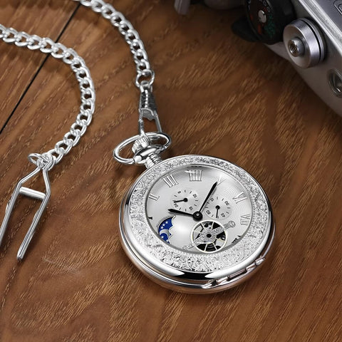 Vintage Mechanical Pocket Watch With Double Sided Floral Engraving Case Hunter Skeleton Design Old School Antique Silver