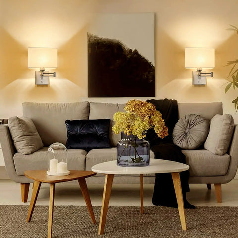 9.5 Inch Wall Lamp With USB Port And Dimmer, Plug In Cord Sconce With White Fabric Shade illuminating a cozy living room