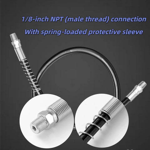 29 Inch Flexible Grease Gun Hose Kit With Spring Shield One Eighth Inch NPT Ends Built Tough High Pressure Extension Non Slip Couplers Sharp Nozzle And Heavy Duty Grease Gun Accessories