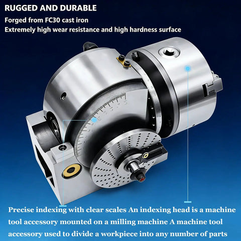 Top Shelf Universal Dividing Head For Milling Machines, Heavy Duty 3 Jaw Chuck Indexing Plate Accessory With Tailstock, detailed view of durable cast iron precision rotary fixture.