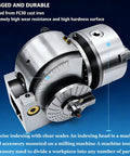 Heavy Duty Dividing Head Kit Featuring Rock Solid Rotary Indexing Slick 3 Jaw Chuck Tailstock And Precision Plates for CNC Mills, close-up view.