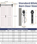 Diagram showing Space Saving Bi Fold Barn Door Kit With Track Hardware In White MDF Doors Two Panels Fits Openings Up To 20 Inch By 82 Inch DIY installation measurements and components.