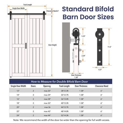 Diagram showing Space Saving Bi Fold Barn Door Kit With Track Hardware In White MDF Doors Two Panels Fits Openings Up To 20 Inch By 82 Inch DIY installation measurements and components.