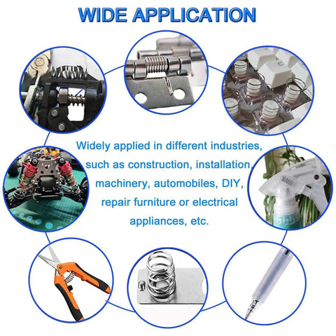 Super Cool 200pcs Spring Assortment Kit With 20 Sizes Of Compression And Extension Springs For Car Auto Repair, Hand Tools And Home Gadgets Made From Durable Zinc Steel. Application collage of zinc steel springs for automotive, tools, and DIY repairs