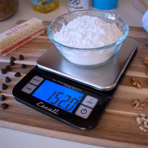 Nutro Digital Food Scale For Real Precise Weighing And Portion Control, glass bowl with flour on stainless steel platform