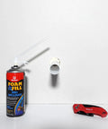 Heavy Lifters Expanding Spray Foam Sealant Fills Gaps And Cracks Straight Up, 12 Oz tube next to foam-filled pipe fitting.