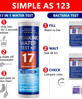 17 in 1 water test kit with 125 strips, includes instructions for use, visible packaging and test strip comparison chart.