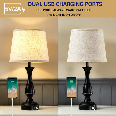 Table Lamps Set Of 2 With Touch Control And USB Ports, 3 Way Dimmable Bedside Lamps For Bedroom, Black Finish, Dual Charging