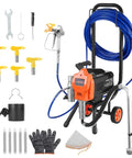 Pro Level Stand Airless Paint Sprayer With Sturdy Rolling Cart 1500W Motor includes blue hose, nozzles, gloves, and tools.