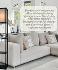 Corner Floor Lamp With Shelves For Living Room And Bedroom Cozy Bookshelf Lamp With Wooden Shelves And White Cotton Linen Shade Black Finish Perfect For Small Corners And Tight Spaces In Any Room in a modern living room.