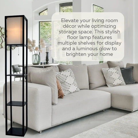 Corner Floor Lamp With Shelves For Living Room And Bedroom Cozy Bookshelf Lamp With Wooden Shelves And White Cotton Linen Shade Black Finish Perfect For Small Corners And Tight Spaces In Any Room in a modern living room.