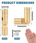 Image showing dimensions of Brass Hidden Cylinder Hinges and Round Magnets Pack with a hand displaying small brass hinges.