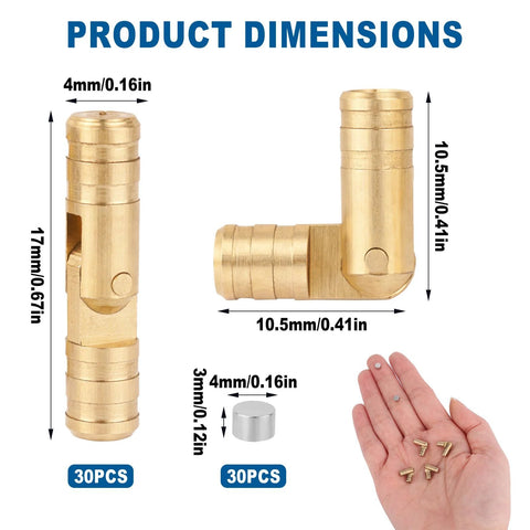 Image showing dimensions of Brass Hidden Cylinder Hinges and Round Magnets Pack with a hand displaying small brass hinges.