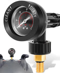 Front view of brass air relief valve with pressure gauge for pool filter; black body, brass threaded connector.