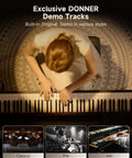 Top view of a person playing an 88-key digital piano, showcasing exclusive demo tracks in classical, pop, and jazz styles.