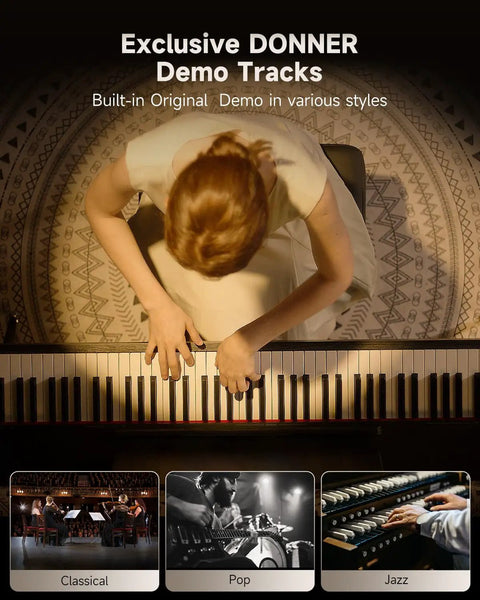 Top view of a person playing an 88-key digital piano, showcasing exclusive demo tracks in classical, pop, and jazz styles.