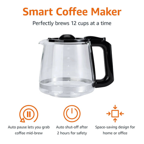 12 Cup Drip Coffee Maker With Glass Carafe 1.9 Qt Auto Shutoff Auto Pause Removable Filter Basket in Black and Silver