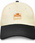 Proud Mom Of 2026 Grad Hat for women and men, with orange lettering on off-white front and black brim, breathable mesh back