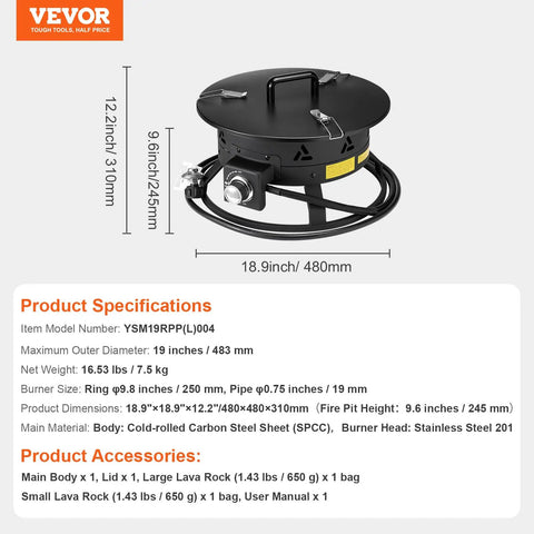 Specifications of Propane Fire Pit 19 Inch Portable Outdoor Gas Fire Pit Includes Cover Lava Rocks, Adjustable Flame Height