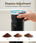 Premium Conical Burr Electric Coffee Grinder With Stepless Adjustment for Smooth Espresso or Pour Over Brews showcasing grinding settings.