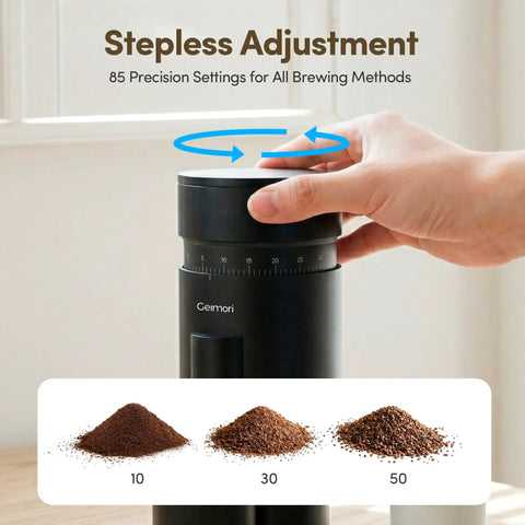 Premium Conical Burr Electric Coffee Grinder With Stepless Adjustment for Smooth Espresso or Pour Over Brews showcasing grinding settings.