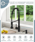 Black Kitchen Faucet With Soap Dispenser And Pull Down Sprayer No Frills Single Handle Stainless Steel RV Camper Farmhouse Sink Tap For Kitchen Sink Easy Install Durable High Arc Design