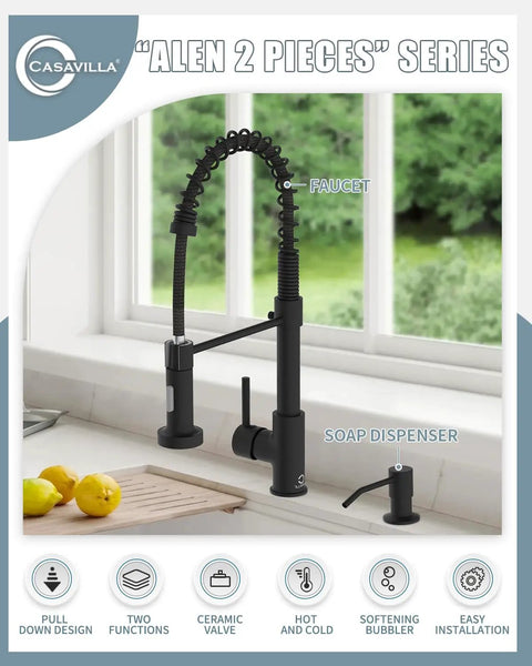 Black Kitchen Faucet With Soap Dispenser And Pull Down Sprayer No Frills Single Handle Stainless Steel RV Camper Farmhouse Sink Tap For Kitchen Sink Easy Install Durable High Arc Design