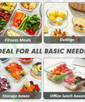 Collage of 12 Pack Glass Food Storage Containers Set With Airtight Lids Borosilicate Glass Meal Prep Containers For Grab And Go, showcasing fitness meals, outings, storage, and office lunch options.
