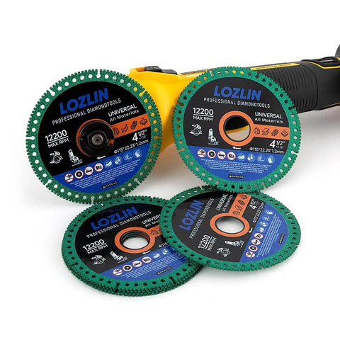 Ultra Thin 4.5 Inch Diamond Cutoff Wheel For Angle Grinder That Chews Through Ceramic Tile Porcelain Tile Marble Granite Stone Metal Rebar PVC Pipe And More With Seven Eighths Inch Arbor Universal Multi Material Disc shown with angle grinder.