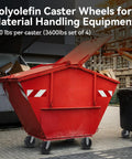Eight Inch By Two Inch Polyolefin Caster Wheels Heavy Duty Swivel Plates for utility carts and rolling bins on red dumpster.