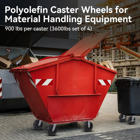 Eight Inch By Two Inch Polyolefin Caster Wheels Heavy Duty Swivel Plates for utility carts and rolling bins on red dumpster.