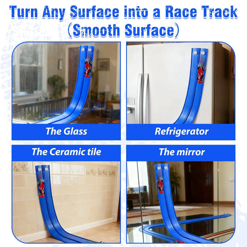 20 Foot Flexible Race Track Toy Kit With Four Race Cars And Suction Cups on various surfaces like glass, fridge, tile, mirror.