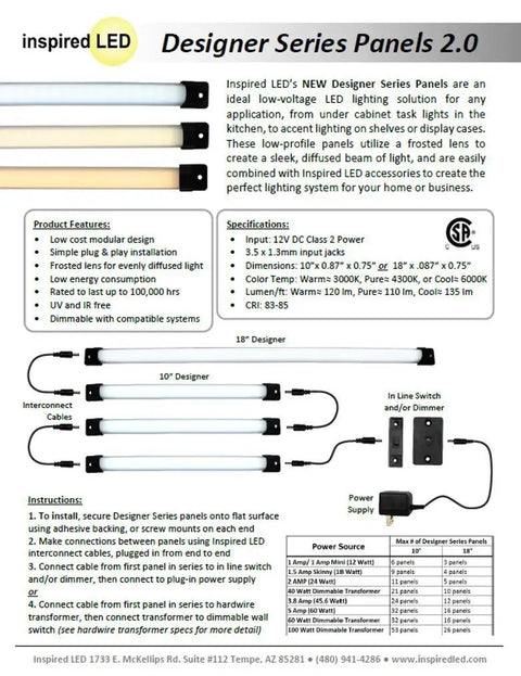 Informational sheet for 40W Dimmable Kitchen LED Hardwired Kit with details on Designer Series Panels and specifications.