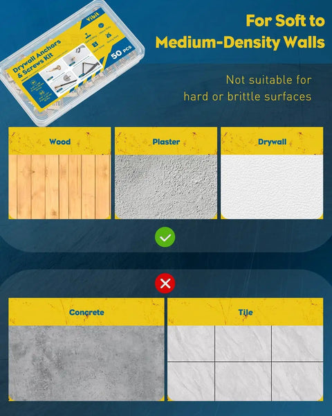 Heavy Duty Self Drilling Drywall Anchors And Screws Kit Featuring 50 Pieces Of Tough Carbon Steel Fasteners for soft to medium-density walls.