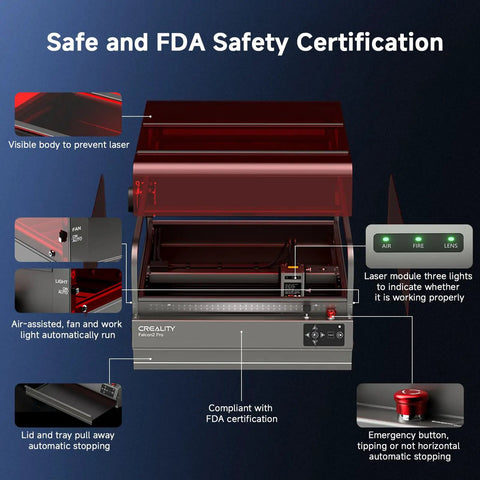 Safety features of Falcon2 Pro 22W Enclosed Laser Engraver With Air Assist And HD Camera Positioning, Auto Fan, Class 1 Safety.