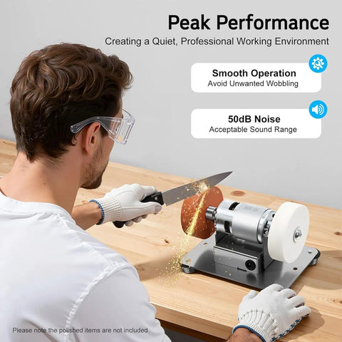 Man using Mini Bench Grinder With Adjustable Speed Table for polishing knife with dual grinding wheels.