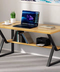 K Shaped 2 Tier Metal Table Legs Heavy Duty Desk Leg Set In Black For Industrial Office Dining Tables And Coffee Tables DIY Ready Built To Last Set Of 2 supporting a wooden desk with a laptop and books.