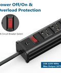 Beefy 24 Outlet Power Strip With Long Aluminum Enclosure And Built In Circuit Breaker For Garage Workshop And Industrial Use 10 Ft Cord 125V 15A 1875W Black with red circuit breaker switch close-up.