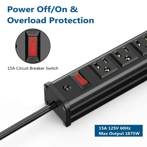 Beefy 24 Outlet Power Strip With Long Aluminum Enclosure And Built In Circuit Breaker For Garage Workshop And Industrial Use 10 Ft Cord 125V 15A 1875W Black with red circuit breaker switch close-up.