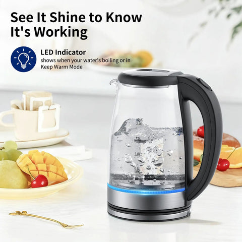 2L Glass Electric Kettle With 1500W Fast Boil Auto Shutoff LED Light BPA Free Borosilicate Glass Stainless Steel Interior on counter