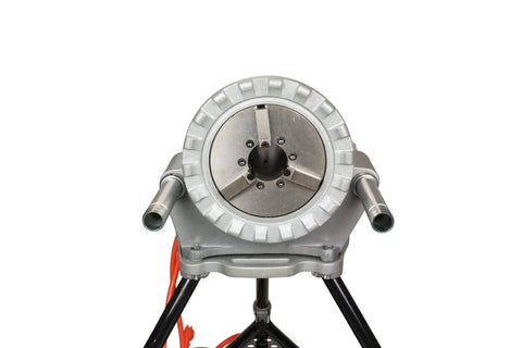 Heavy Duty Pipe Threading Power Drive And Stand Compatible With Ridgid 41855 42360, front view with steel spindle and metal body.