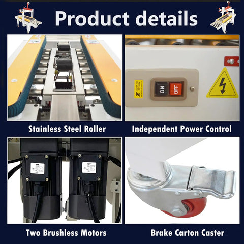 Crush Your Shipping Rush Like A Boss With This Smooth Auto Carton Sealer Machine For Quick Box Taping, showing stainless steel roller and power control.