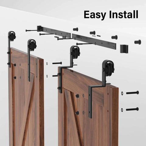 Heavy Duty 5 Foot Single Track Bypass Barn Door Hardware Kit For Double Doors With Antique Rollers Smooth Sliding System